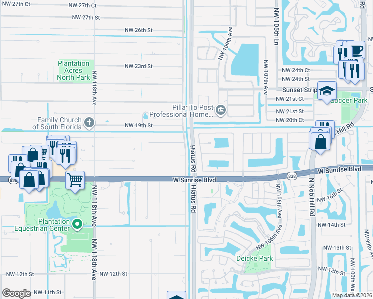 map of restaurants, bars, coffee shops, grocery stores, and more near 11201 Northwest 18th Street in Plantation