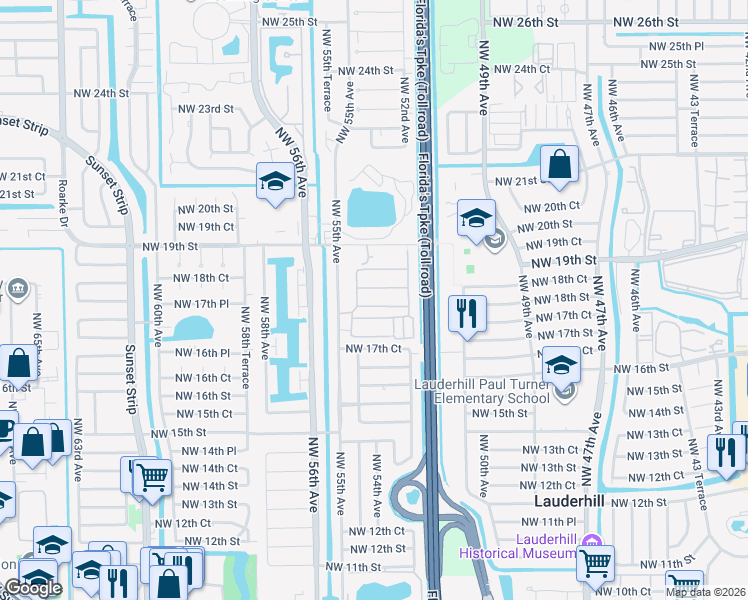 map of restaurants, bars, coffee shops, grocery stores, and more near 5317 Northwest 18th Street in Lauderhill