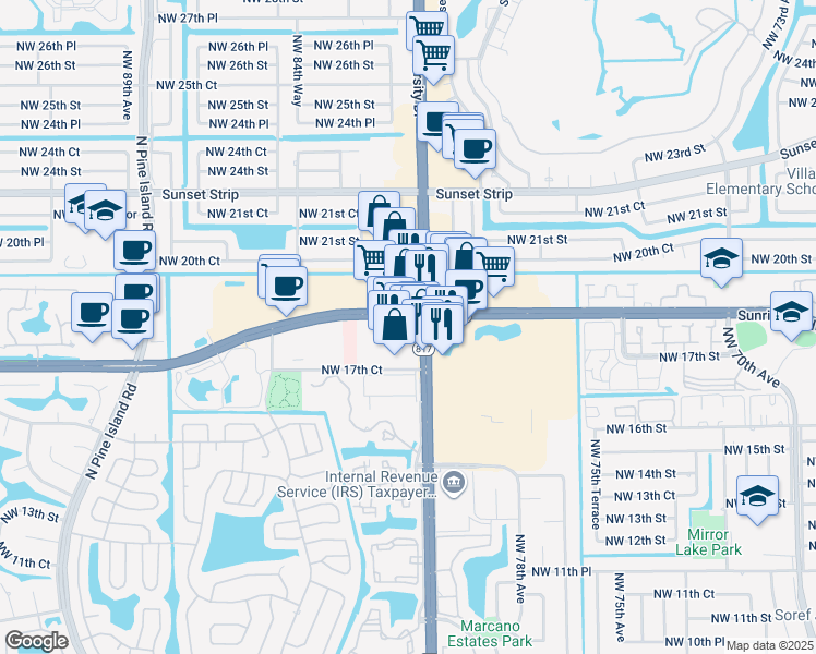 map of restaurants, bars, coffee shops, grocery stores, and more near 1799 North University Drive in Plantation