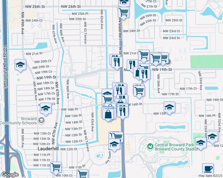 map of restaurants, bars, coffee shops, grocery stores, and more near 4045 Northwest 16th Street in Lauderhill