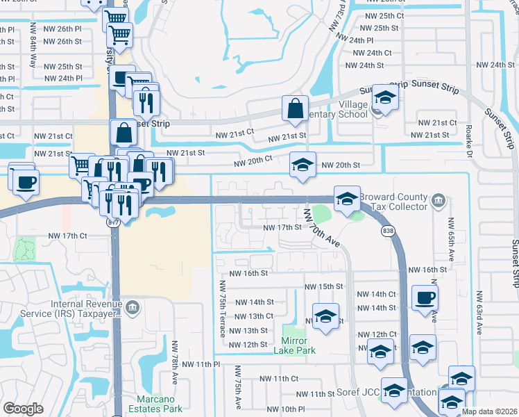 map of restaurants, bars, coffee shops, grocery stores, and more near 1736 Northwest 74th Avenue in Plantation