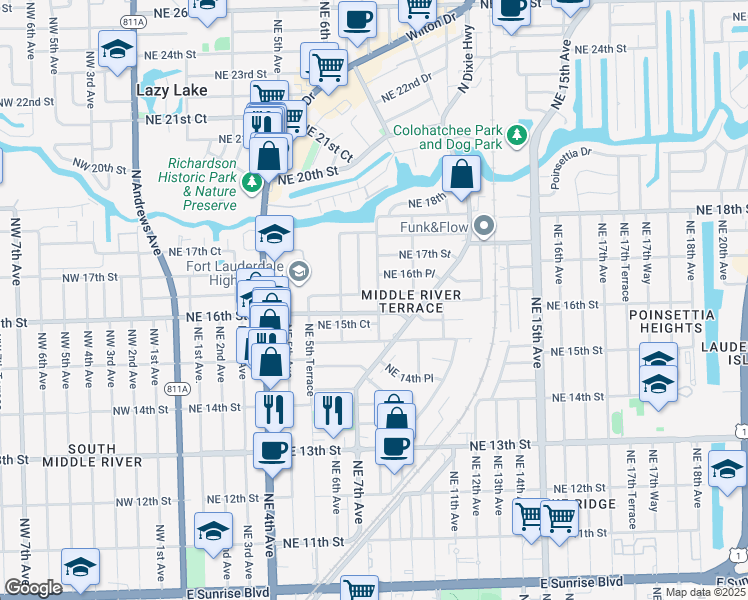 map of restaurants, bars, coffee shops, grocery stores, and more near 1617 Northeast 8th Avenue in Fort Lauderdale