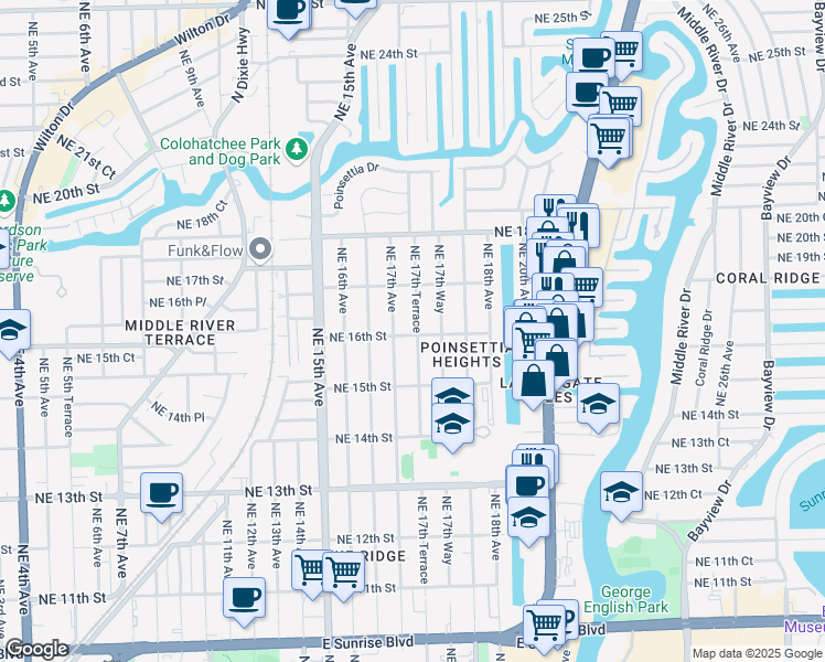 map of restaurants, bars, coffee shops, grocery stores, and more near 1601 Northeast 17th Terrace in Fort Lauderdale
