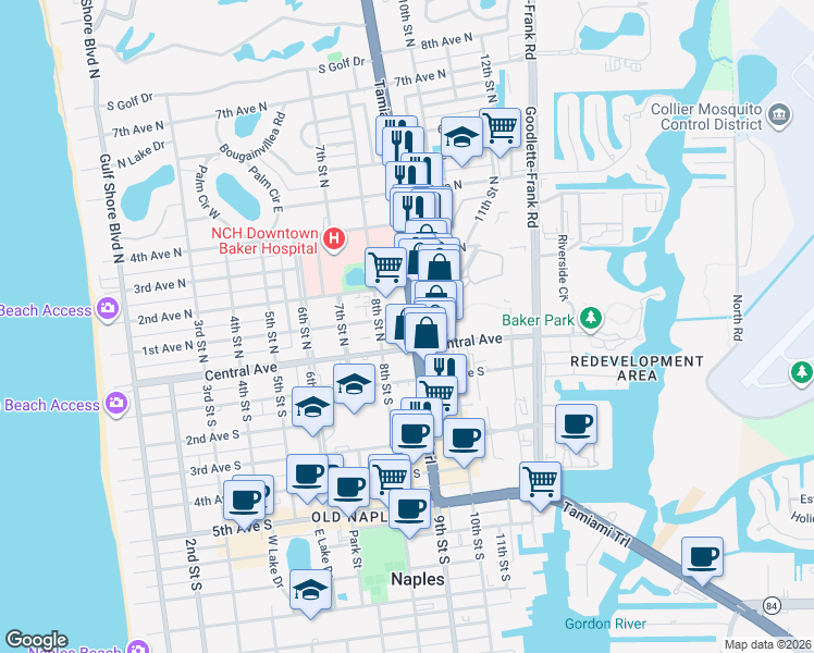 map of restaurants, bars, coffee shops, grocery stores, and more near 848 1st Avenue South in Naples