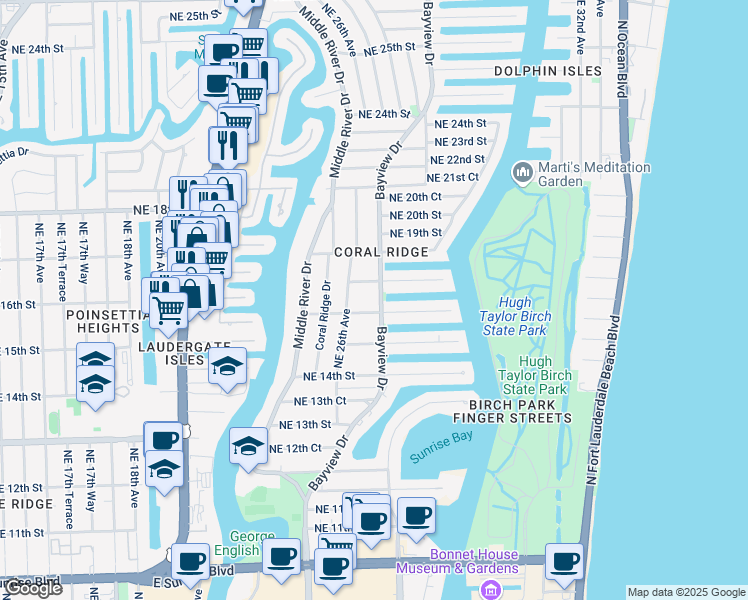 map of restaurants, bars, coffee shops, grocery stores, and more near 1611 Bayview Drive in Fort Lauderdale