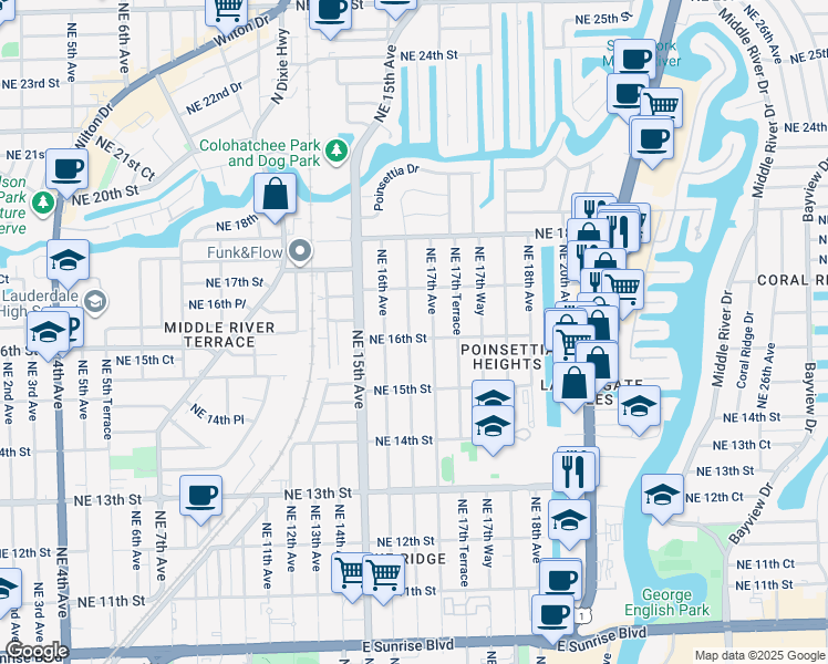 map of restaurants, bars, coffee shops, grocery stores, and more near 1600 Northeast 16th Terrace in Fort Lauderdale
