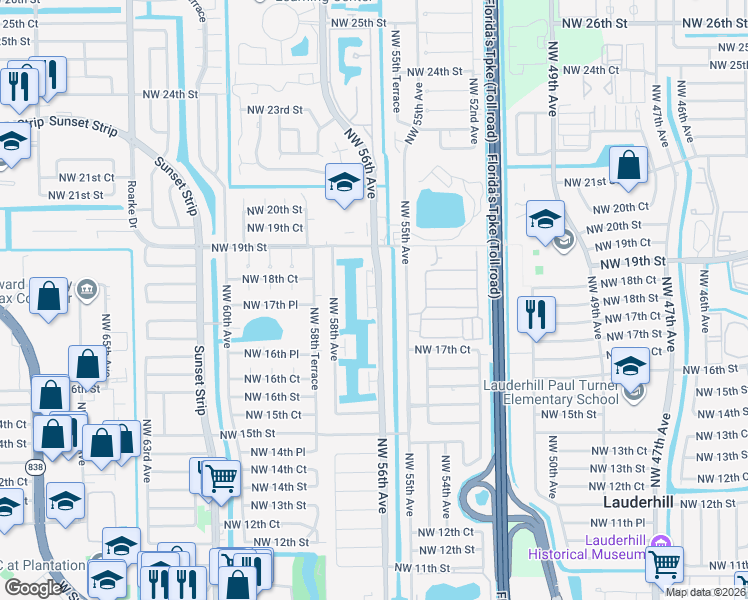 map of restaurants, bars, coffee shops, grocery stores, and more near 1814 Northwest 56th Avenue in Lauderhill