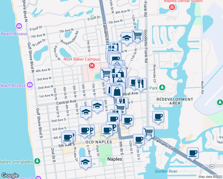 map of restaurants, bars, coffee shops, grocery stores, and more near 848 1st Avenue South in Naples