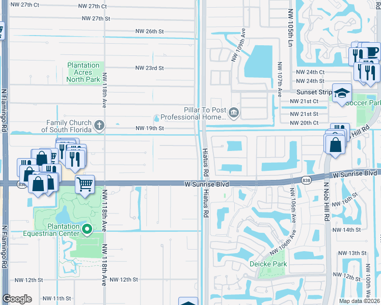 map of restaurants, bars, coffee shops, grocery stores, and more near 11201 Northwest 18th Street in Plantation