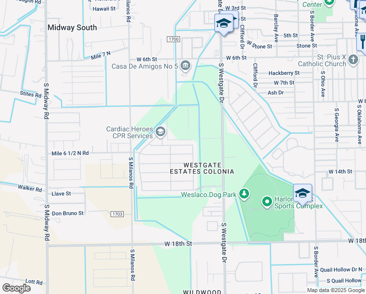 map of restaurants, bars, coffee shops, grocery stores, and more near 1908 West Tomatillo Drive in Weslaco