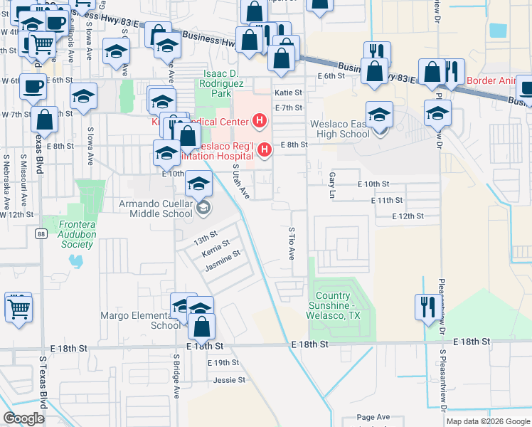map of restaurants, bars, coffee shops, grocery stores, and more near 1316 Jasmine Street in Weslaco