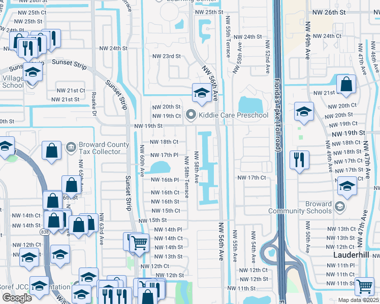 map of restaurants, bars, coffee shops, grocery stores, and more near 5631 Northwest 17th Place in Lauderhill