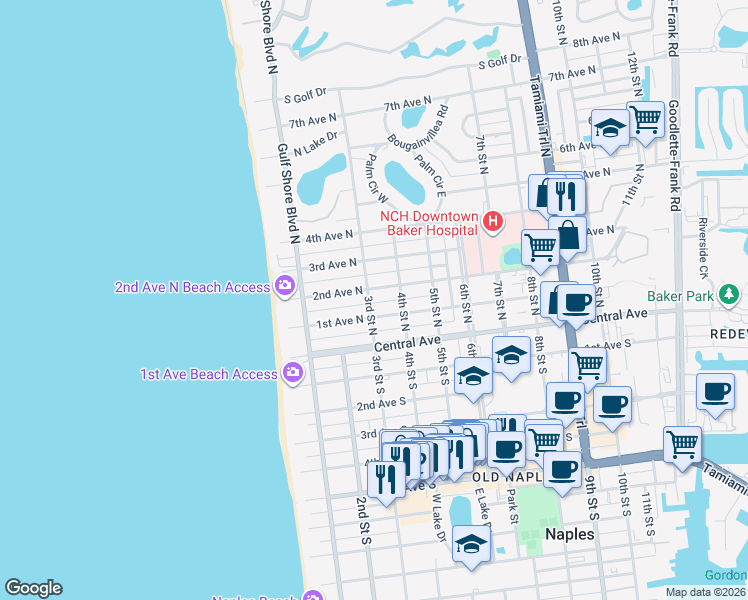 map of restaurants, bars, coffee shops, grocery stores, and more near 136 3rd Street North in Naples