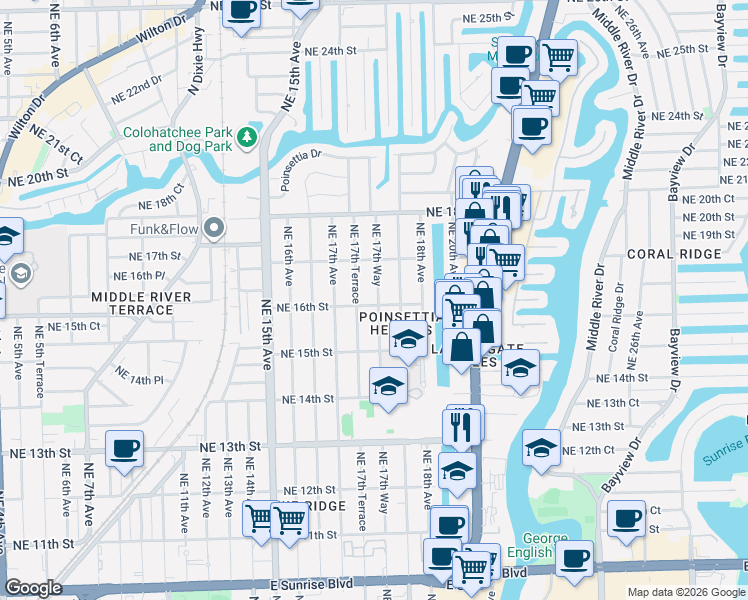 map of restaurants, bars, coffee shops, grocery stores, and more near 1620 Northeast 17th Way in Fort Lauderdale