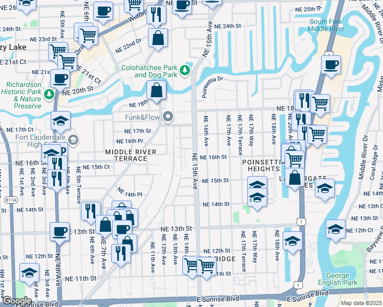 map of restaurants, bars, coffee shops, grocery stores, and more near 1532 Northeast 14th Terrace in Fort Lauderdale