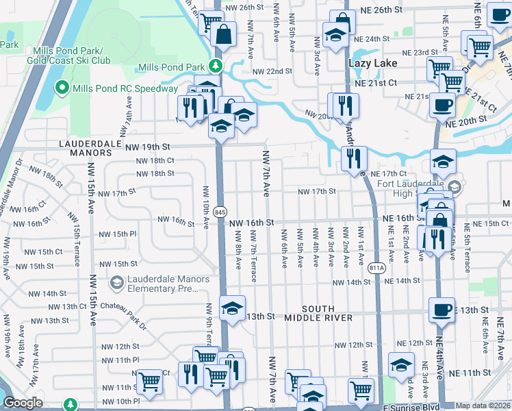 map of restaurants, bars, coffee shops, grocery stores, and more near 1621 Northwest 7th Terrace in Fort Lauderdale