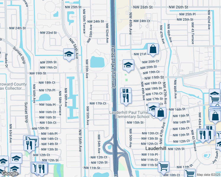 map of restaurants, bars, coffee shops, grocery stores, and more near 1800 Northwest 52nd Avenue in Lauderhill