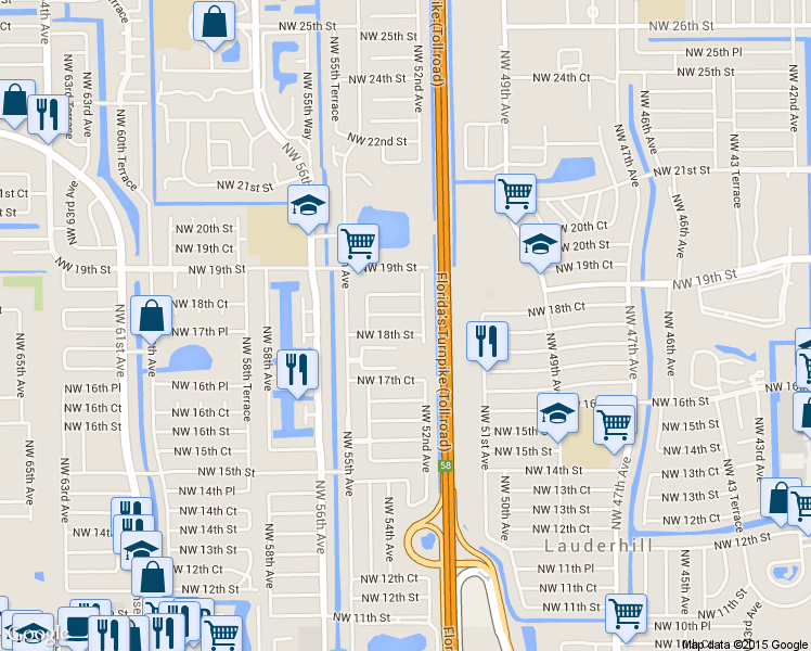 map of restaurants, bars, coffee shops, grocery stores, and more near 5317 Northwest 18th Street in Lauderhill