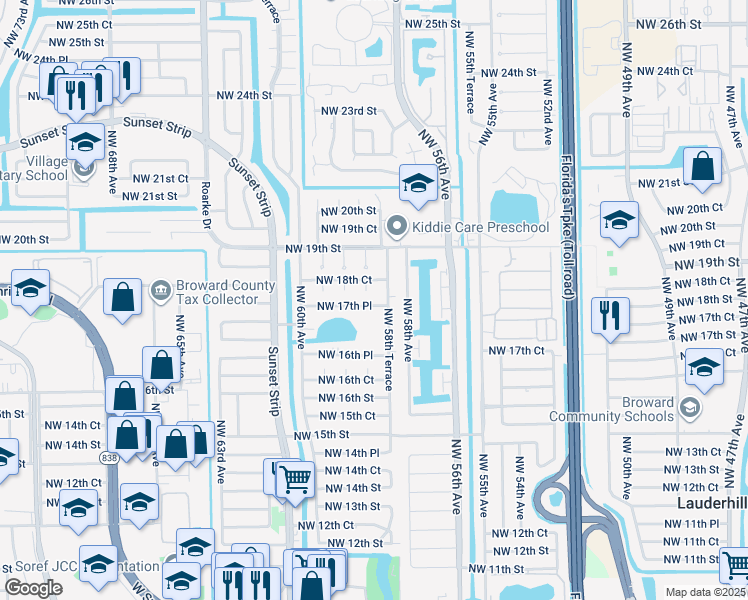 map of restaurants, bars, coffee shops, grocery stores, and more near 5631 Northwest 17th Place in Lauderhill