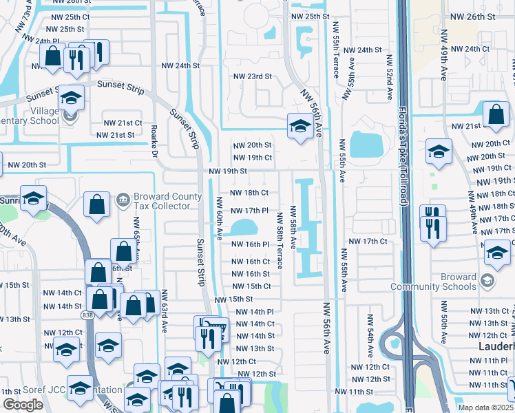 map of restaurants, bars, coffee shops, grocery stores, and more near 5829-5831 Northwest 17th Court in Sunrise