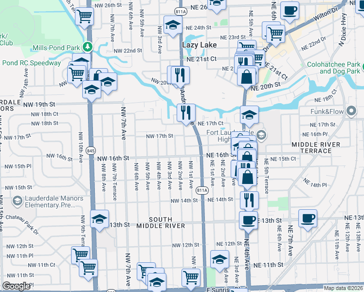 map of restaurants, bars, coffee shops, grocery stores, and more near 1614 Northwest 2nd Avenue in Fort Lauderdale