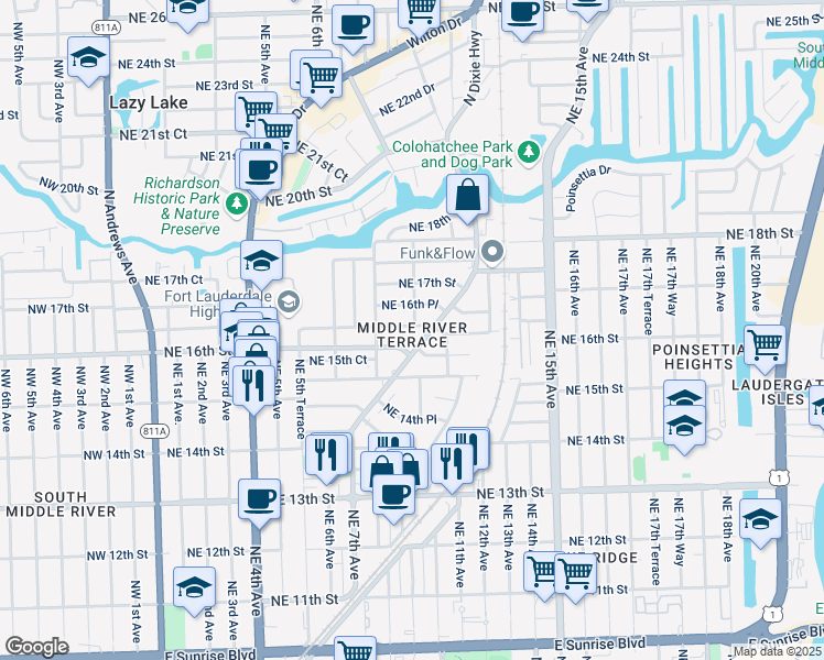 map of restaurants, bars, coffee shops, grocery stores, and more near 836 Northeast 16th Court in Fort Lauderdale