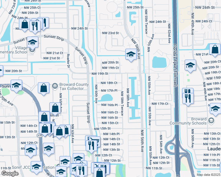map of restaurants, bars, coffee shops, grocery stores, and more near 5829-5831 Northwest 17th Court in Sunrise