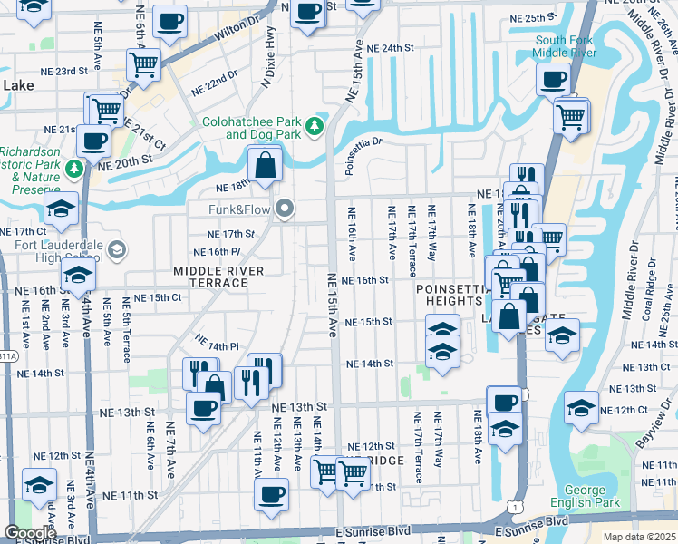 map of restaurants, bars, coffee shops, grocery stores, and more near 1515 Northeast 16th Street in Fort Lauderdale