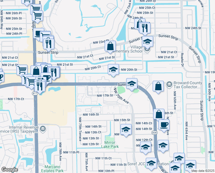 map of restaurants, bars, coffee shops, grocery stores, and more near 1713 Northwest 72nd Avenue in Plantation
