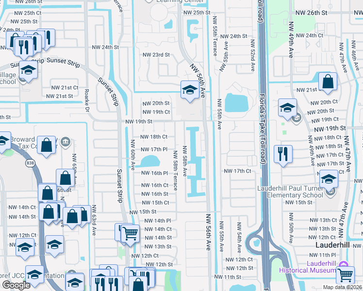 map of restaurants, bars, coffee shops, grocery stores, and more near 1800 Northwest 58th Avenue in Lauderhill