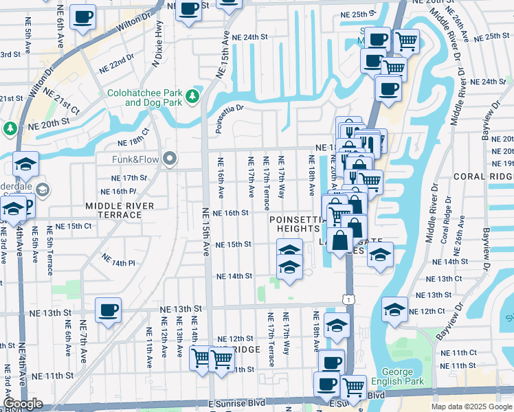 map of restaurants, bars, coffee shops, grocery stores, and more near 1601 Northeast 17th Terrace in Fort Lauderdale