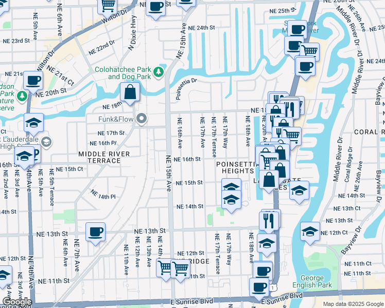 map of restaurants, bars, coffee shops, grocery stores, and more near 1600 Northeast 16th Terrace in Fort Lauderdale
