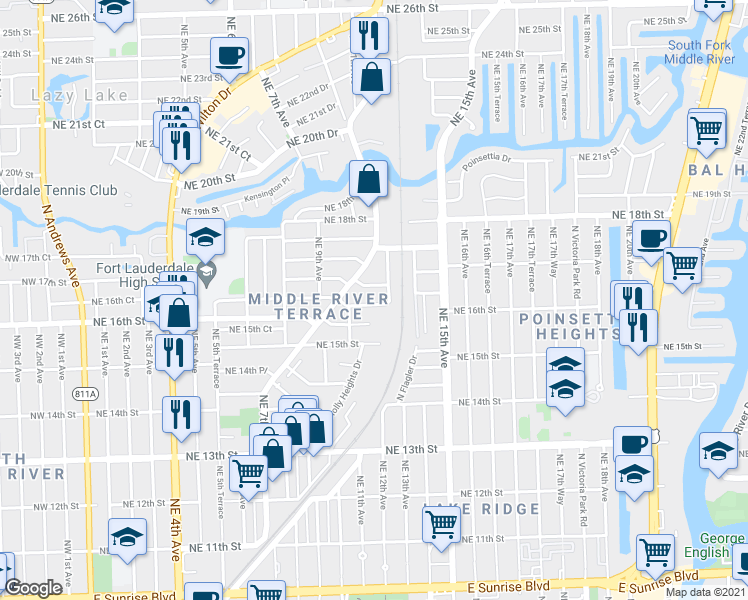 map of restaurants, bars, coffee shops, grocery stores, and more near 1600 Northeast 12th Terrace in Fort Lauderdale