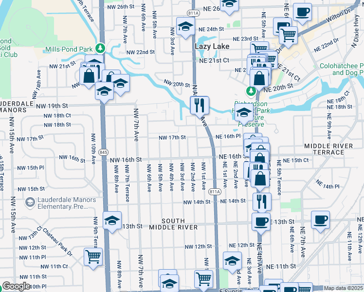 map of restaurants, bars, coffee shops, grocery stores, and more near 1615 Northwest 3rd Avenue in Fort Lauderdale