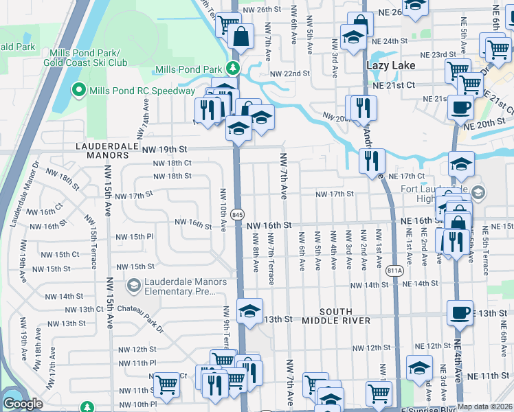 map of restaurants, bars, coffee shops, grocery stores, and more near 1621 Northwest 7th Terrace in Fort Lauderdale