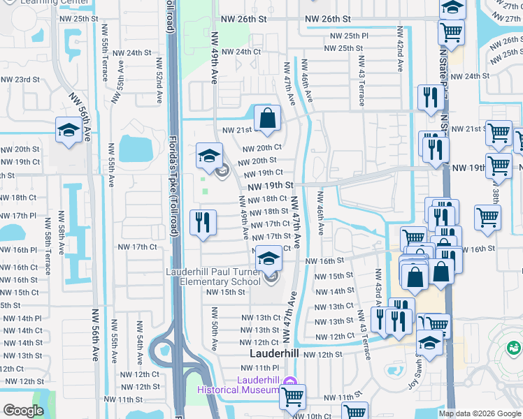 map of restaurants, bars, coffee shops, grocery stores, and more near 4800 Northwest 18th Street in Lauderhill