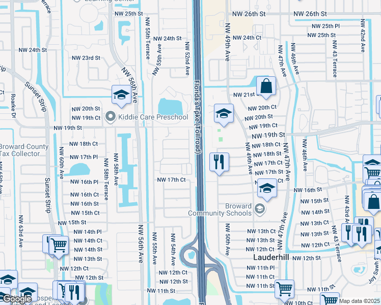 map of restaurants, bars, coffee shops, grocery stores, and more near 1800 Northwest 52nd Avenue in Lauderhill