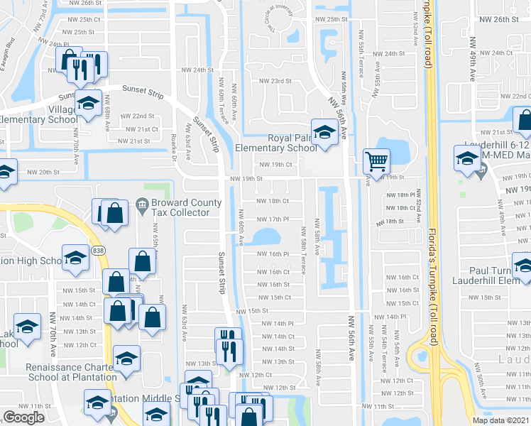 map of restaurants, bars, coffee shops, grocery stores, and more near 5829-5831 Northwest 17th Court in Sunrise