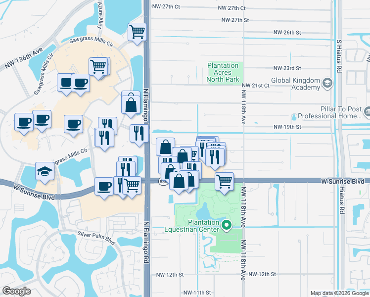 map of restaurants, bars, coffee shops, grocery stores, and more near 12200 Northwest 18th Street in Plantation