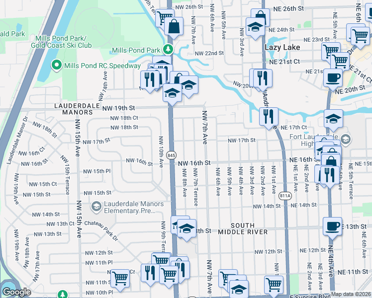 map of restaurants, bars, coffee shops, grocery stores, and more near 1628 Northwest 8th Avenue in Fort Lauderdale