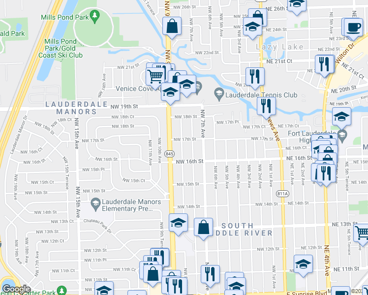 map of restaurants, bars, coffee shops, grocery stores, and more near 1628 Northwest 8th Avenue in Fort Lauderdale