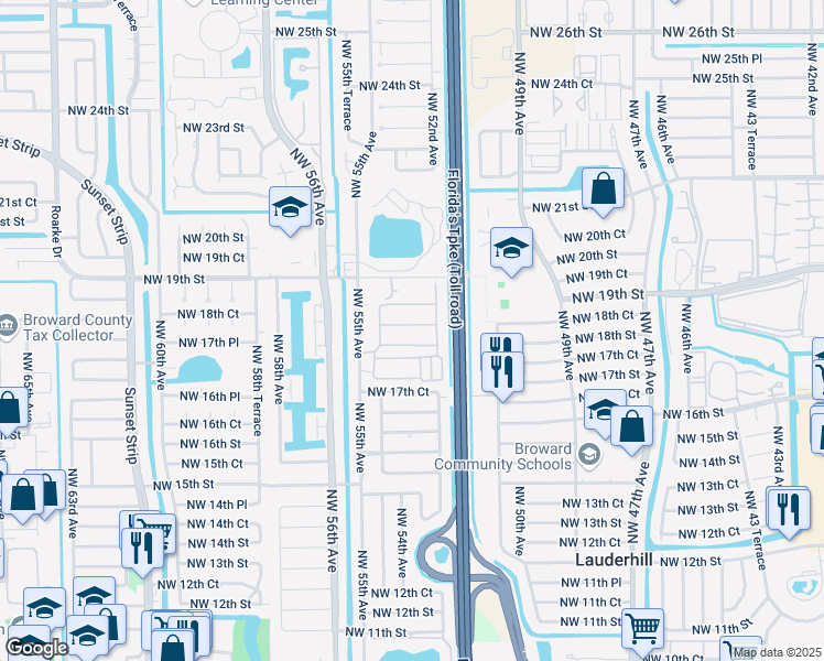 map of restaurants, bars, coffee shops, grocery stores, and more near 5317 Northwest 18th Street in Lauderhill