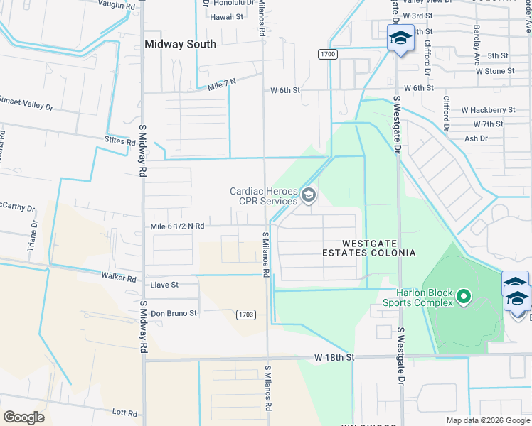 map of restaurants, bars, coffee shops, grocery stores, and more near 1145 South Milanos Road in Weslaco