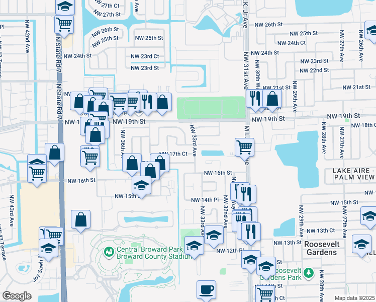 map of restaurants, bars, coffee shops, grocery stores, and more near 3300 Northwest 17th Court in Fort Lauderdale