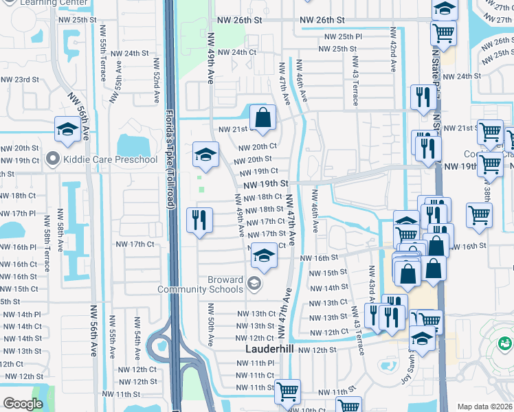 map of restaurants, bars, coffee shops, grocery stores, and more near 4800 Northwest 18th Street in Lauderhill
