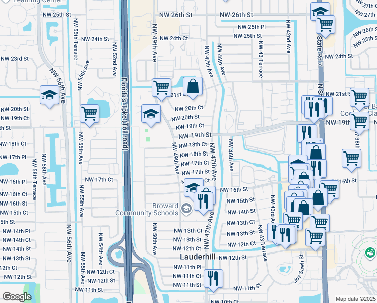 map of restaurants, bars, coffee shops, grocery stores, and more near 4800 Northwest 18th Street in Lauderhill