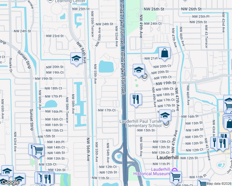 map of restaurants, bars, coffee shops, grocery stores, and more near 1800 Northwest 52nd Avenue in Lauderhill