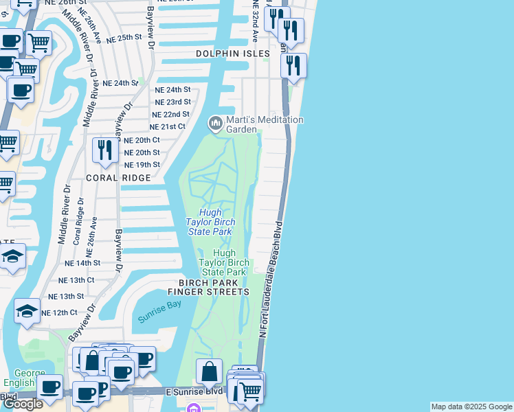 map of restaurants, bars, coffee shops, grocery stores, and more near 3300 Northeast 16th Street in Fort Lauderdale