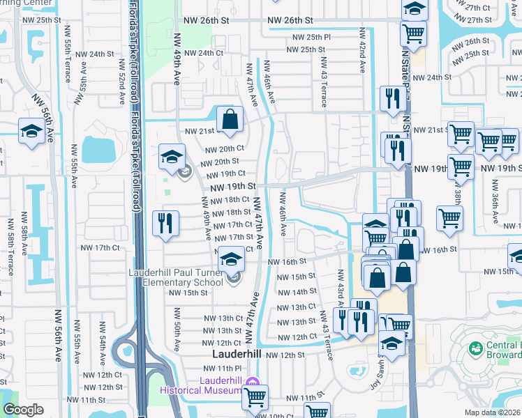 map of restaurants, bars, coffee shops, grocery stores, and more near 4710 Northwest 18th Street in Lauderhill