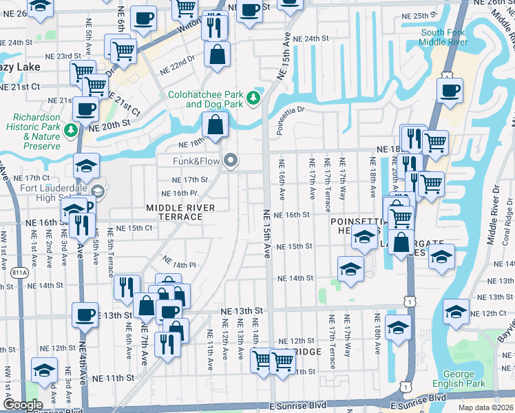 map of restaurants, bars, coffee shops, grocery stores, and more near 1600 Northeast 14th Terrace in Fort Lauderdale